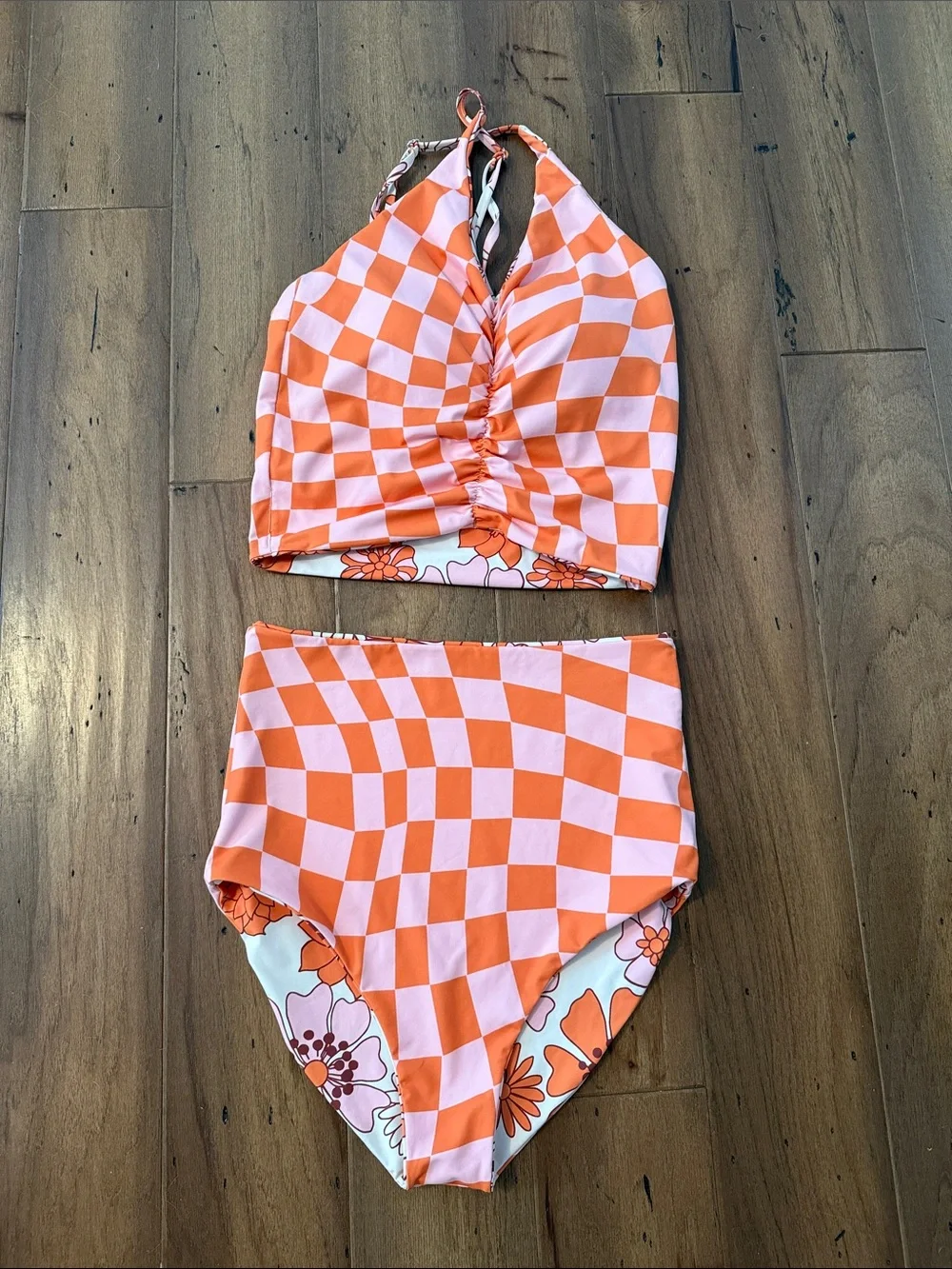RAD Swim Reversible Retro Floral and Checkered High-Waist Tankini Set